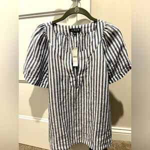 J Crew Flutter-sleeve linen V-neck top in stripe, NWT, Size M, Blue and White